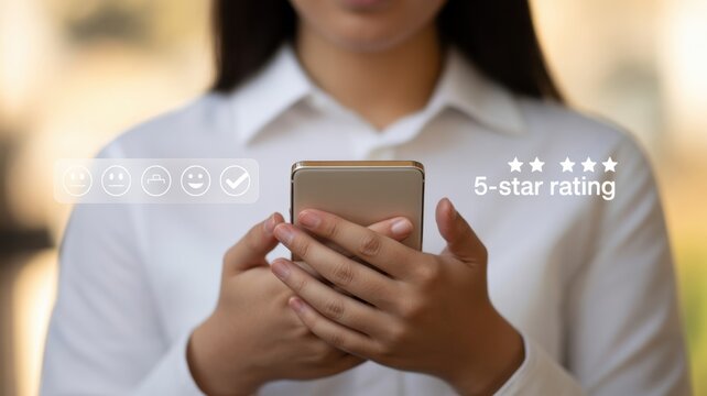 Online Review: A woman reviews an app and taps a 5-star rating on her phone. This image can be used to indicate good product review or a success business service.
