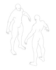 Two athletic men in a fighting stance, facing each other with a strong build and clear contour lines. Isometric view
