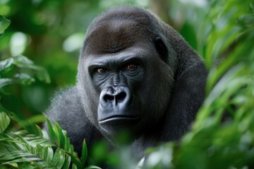 Gorilla gazes thoughtfully at the lush greenery in the jungle during daylight hours