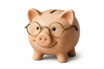 Piggy bank wearing glasses saving money for financial investment, smart economy and retirement planning