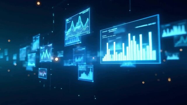 Futuristic Digital Data Dashboard Animation with Virtual Analytics Interface, Big Data Visualization, Artificial Intelligence Statistics and Technology Innovation for Business Analysis - Powered by Adobe