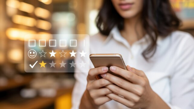 Online Experience Evaluation: A person's hand delicately holds a smartphone, engaging in an online assessment, highlighting the pivotal role of digital feedback in modern experiences and brand.