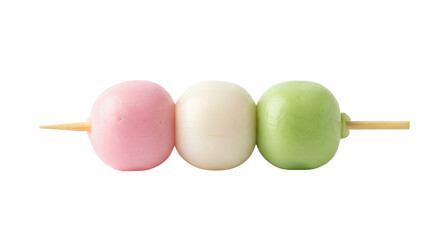Isolated dango skewers with three colorful sticky rice balls on a wooden stick, food photography