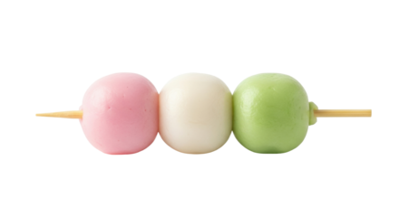 Isolated dango skewers with three colorful sticky rice balls on a wooden stick, food photography