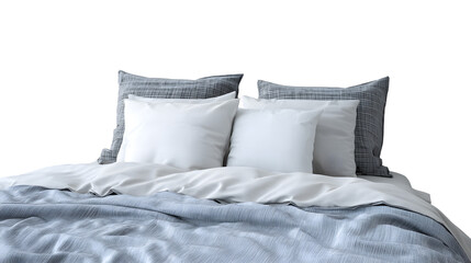 Obraz premium Close up whole empty bed with pillows and blanket isolated on white background 