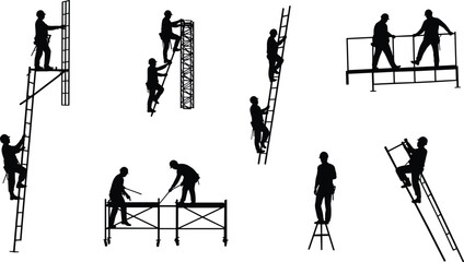 Construction worker silhouettes on ladders, scaffolding, and platforms, teamwork at height, industrial safety, building site labor, construction industry illustration © Shohan Creatives 