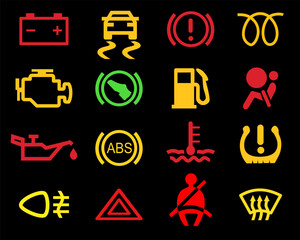 Car Dashboard Warning Lights Vector Set. Colorful Automotive Indicator Icons on Black Background