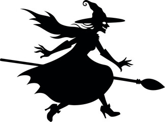 Creepy witch riding broomstick across the sky, Halloween silhouette vector illustration