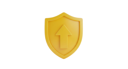 Isolated yellow shield icon with an up arrow in the middle. Symbol of protection