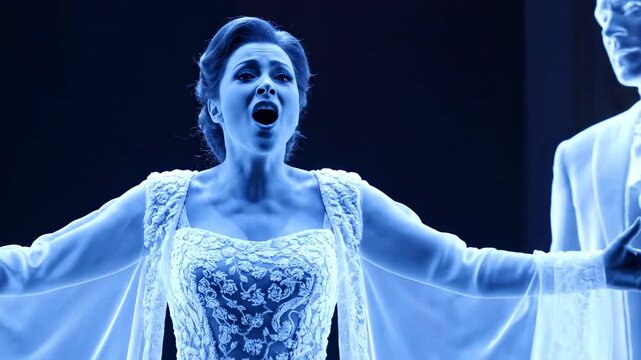 Opera singer performing on stage with a male figure.