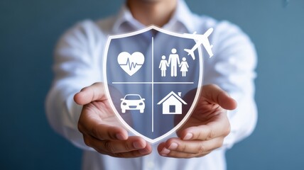 Insurance Shield: A person extends their hands, gently cradling a shield representing comprehensive insurance, encompassing health, family, travel, auto, and home protection.