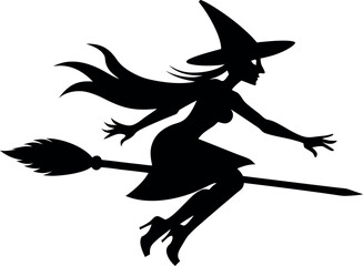 Silhouette of a witch flying on a broomstick, Halloween night vector illustration