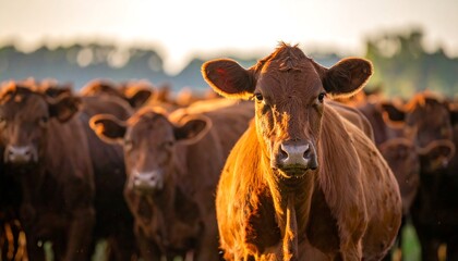 A close-up shot features a herd of brown cattle, illuminated by warm sunlight. Their faces and bodies are partially lit. A blurred background shows the natural landscape