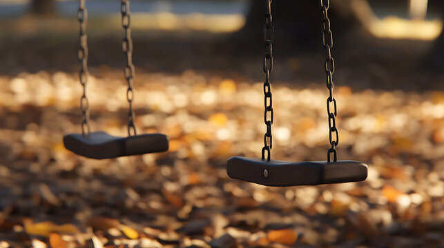 Swing set on an autumn day, with golden leaves littering the ground. The chain-link seats are empty, waiting for children to play in the warm light. - Powered by Adobe