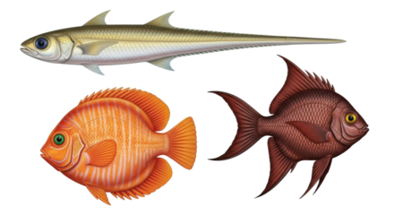 Isolated Three Types of Marine Fish Illustration, Orange Discus, Reddish Brown Sea Fish