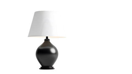 A black lamp with a white shade sits on a transparent background. 