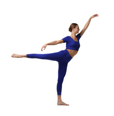 Woman doing gymnastic exercise on white background