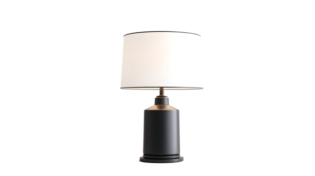 A black lamp with a white shade sits on a transparent background. 