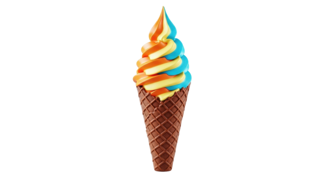 Isolated swirl ice cream cone with orange and blue soft serve flavor combinations dessert