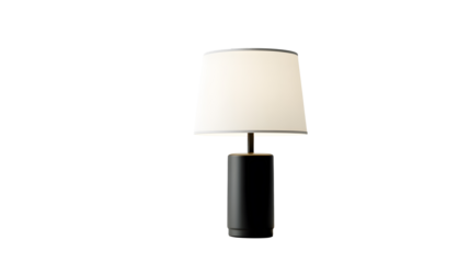 A black lamp with a white shade sits on a transparent background. 