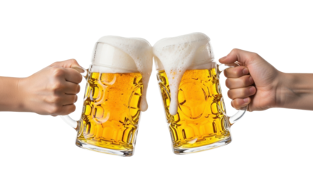 Isolated beer mugs cheering celebrate Oktoberfest, toast of clinking glass, ale, party, pub