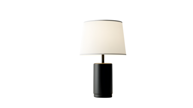 A black lamp with a white shade sits on a transparent background. 