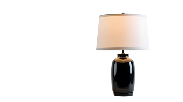 A black lamp with a white shade sits on a transparent background. 