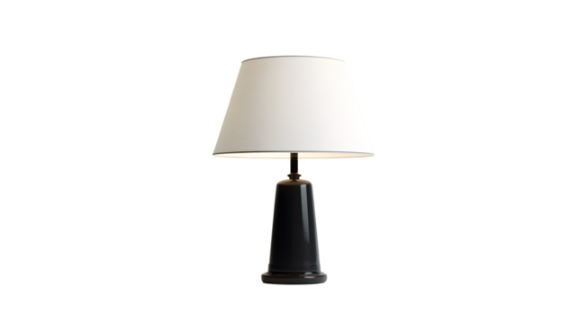 A black lamp with a white shade sits on a transparent background. 