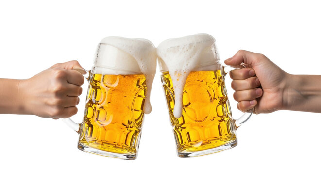 Isolated beer mugs cheering celebrate Oktoberfest, toast of clinking glass, ale, party, pub