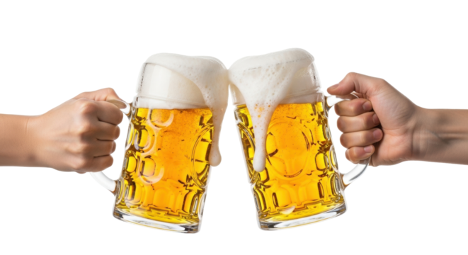 Isolated beer mugs cheering celebrate Oktoberfest, toast of clinking glass, ale, party, pub