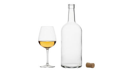 Isolated Still Life Shows Wine Glass, Empty Bottle, and Cork Plug on Seamless Background