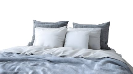 Close up whole empty bed with pillows and blanket isolated on white background 