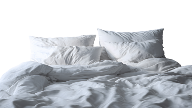 Close up whole empty bed with pillows and blanket isolated on white background 