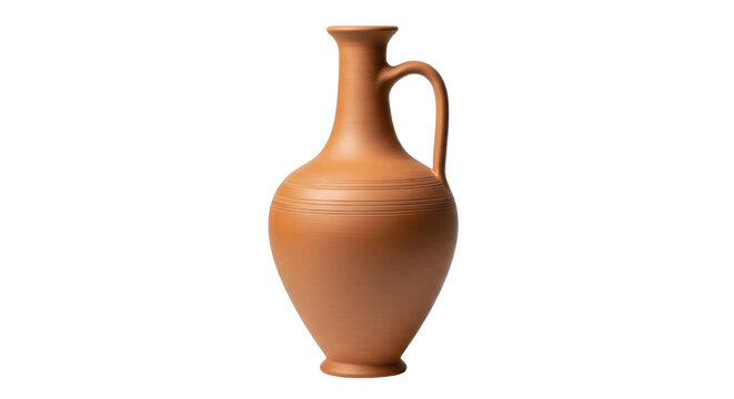 Isolated clay jug, earthenware pitcher, brown vase or ceramic carafe with handle and narrow neck
