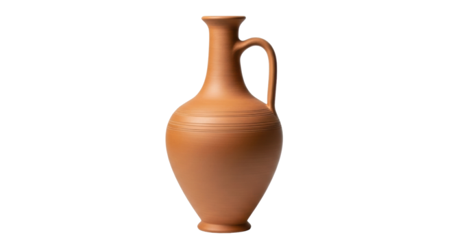 Isolated clay jug, earthenware pitcher, brown vase or ceramic carafe with handle and narrow neck