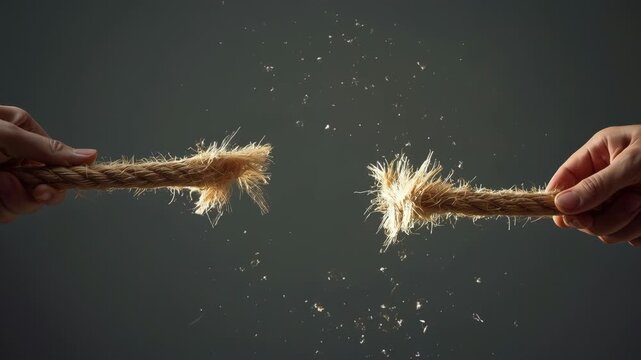 Hands pulling rope tension stress struggle conflict break fiber dust scatter dramatic frayed rope pressure risk danger fragile fiber dust spark