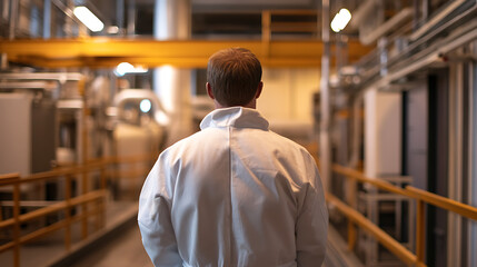 Fototapeta premium The back of a worker in a white lab coat is seen standing inside an industrial facility with pipes, machinery, and railings in the background.