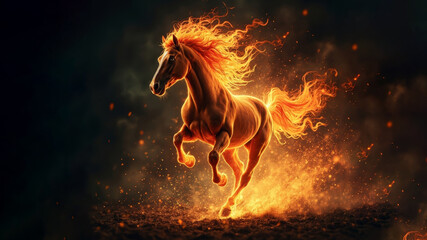 A fiery horse with a fluttering mane and a tail of flame from which sparks fly gallops forward against a dark background. The concept of rage, strength, the year of the horse, the zodiac sign.
