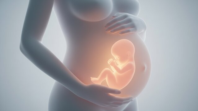 3D pregnant figure bally inside glowing fetus, Digital Womb with Virtual Fetus in warm orange light