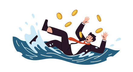 Businessman struggling in troubled waters with coins falling.
