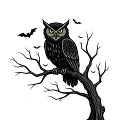 Naklejka premium Intense owl with glowing eyes perches on a spooky bare tree branch surrounded by flying bats, perfect for Halloween themes