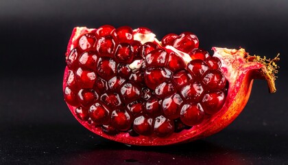 A close-up shot features a segment of a pomegranate fruit, revealing vibrant red arils. The dark background provides contrast