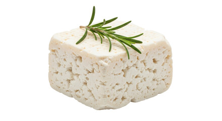 Isolated cube of fresh tofu cheese with rosemary, a delicious, healthy, vegan ingredient