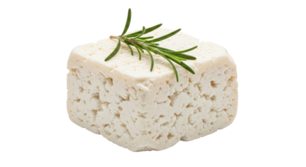 Isolated cube of fresh tofu cheese with rosemary, a delicious, healthy, vegan ingredient