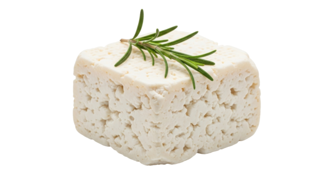 Isolated cube of fresh tofu cheese with rosemary, a delicious, healthy, vegan ingredient