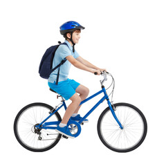 Obraz premium Joyful young cyclist in motion, radiating youthful energy on a striking transparent setting