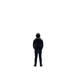 Person stands alone in the dark looking forward on transparent background