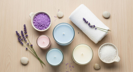 Overhead shot of spa treatment set with candles, bath salts, towel, lavender and stones on wooden background, perfect for relaxation and wellness