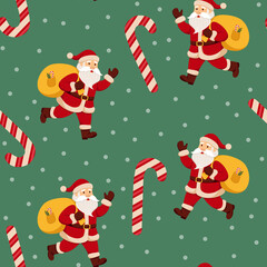 Seamless Christmas pattern with Santa, gifts, winter snow, candy cane. Design for New Year's greeting card, wrapping paper, fabric, poster, print.