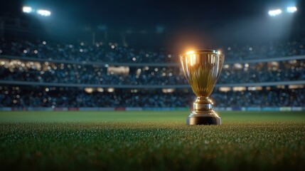 Golden trophy on a grassy field in a stadium filled with spectators under bright spotlights